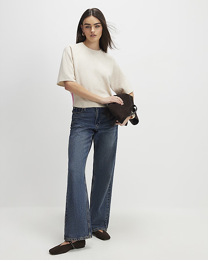 Beige Short Sleeve Tipped Jumper