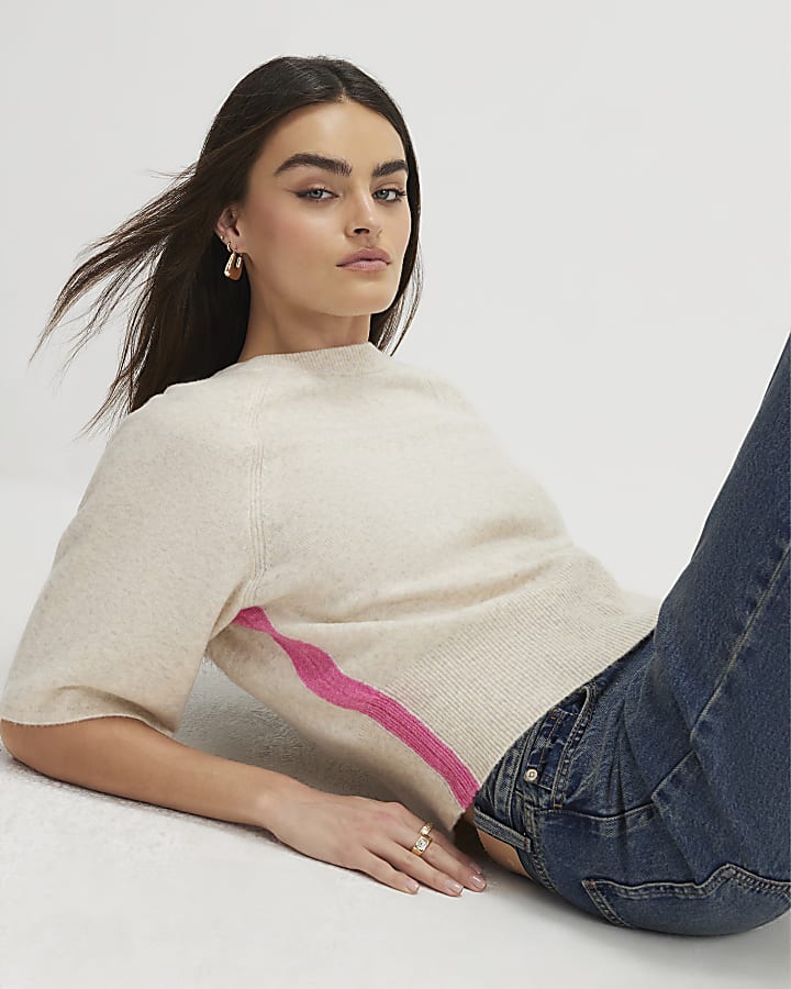 Beige Short Sleeve Tipped Jumper