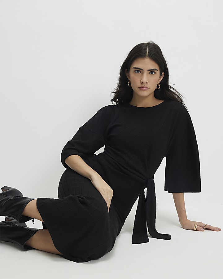 Petite Black Short Sleeve Ribbed Cosy Dress