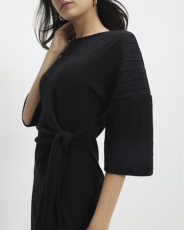 Petite Black Short Sleeve Ribbed Cosy Dress