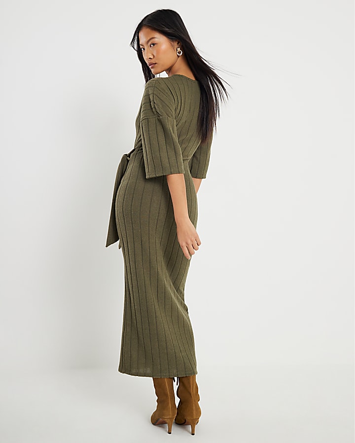 Petite Khaki Short Sleeve Ribbed Cosy Dress