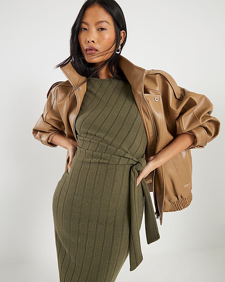 Petite Khaki Short Sleeve Ribbed Cosy Dress
