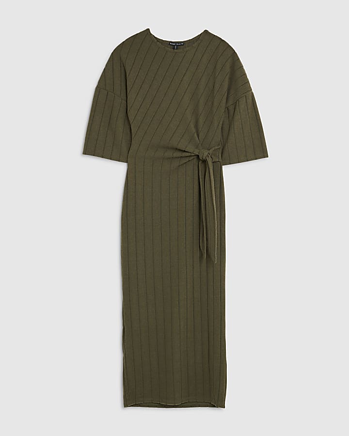Petite Khaki Short Sleeve Ribbed Cosy Dress