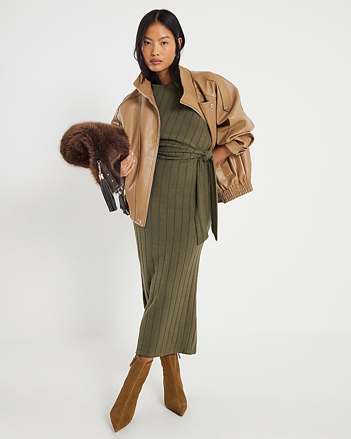 Petite Khaki Short Sleeve Ribbed Cosy Dress