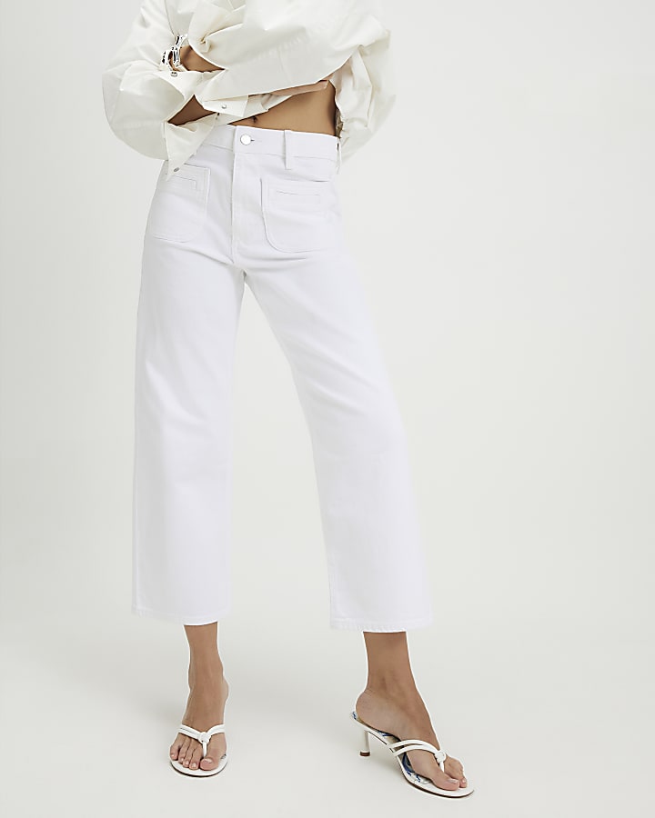 White High Waisted Wide Leg Cropped Jeans