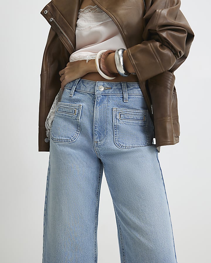 Blue High Waisted Wide Leg Cropped Jeans