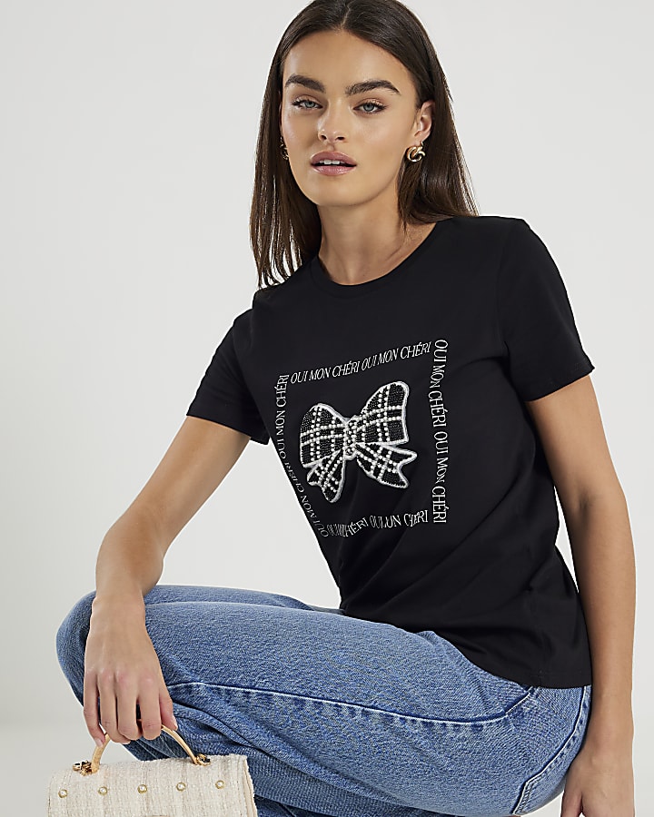 Black Embellished Bow T-shirt