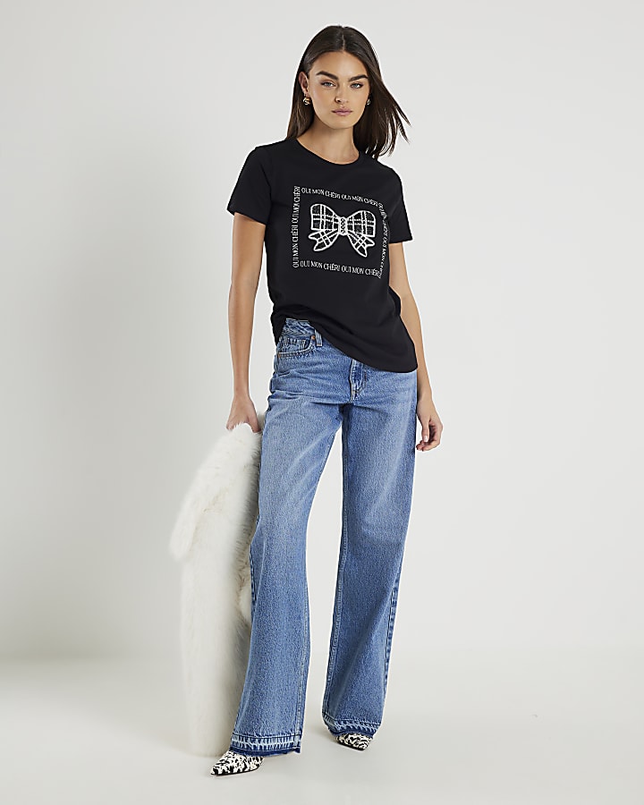 Black Embellished Bow T-shirt