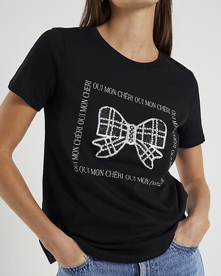 Black Embellished Bow T-shirt
