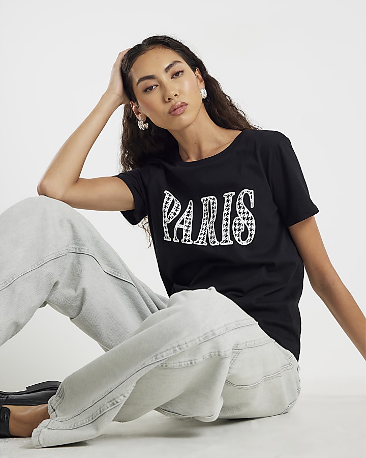Black Short Sleeve Paris Dogtooth T-shirt