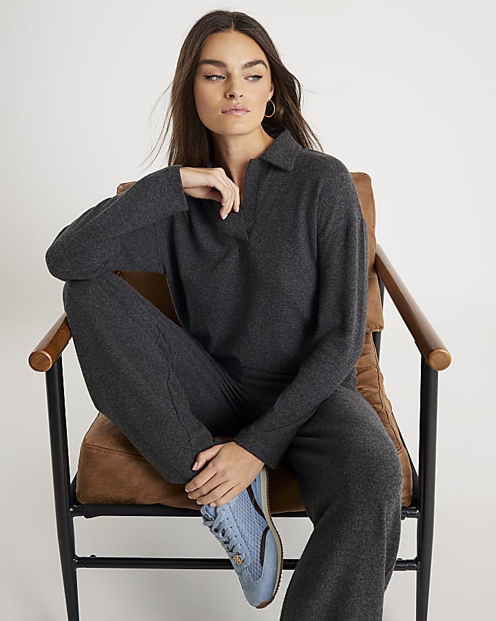 Grey Cosy Wide Leg Trousers