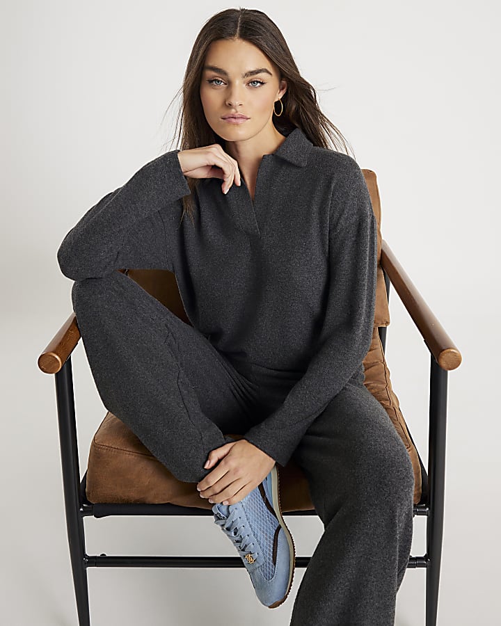 Grey Long Sleeve Cosy Collared Sweatshirt