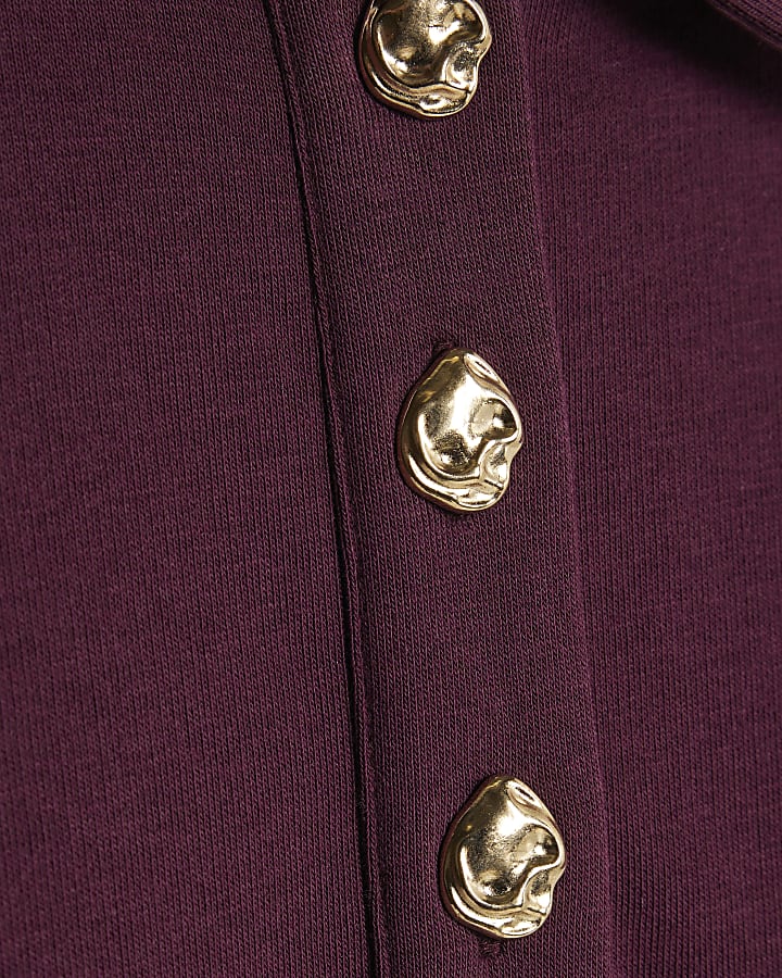 Red Cinched Waist Button Collar Sweatshirt