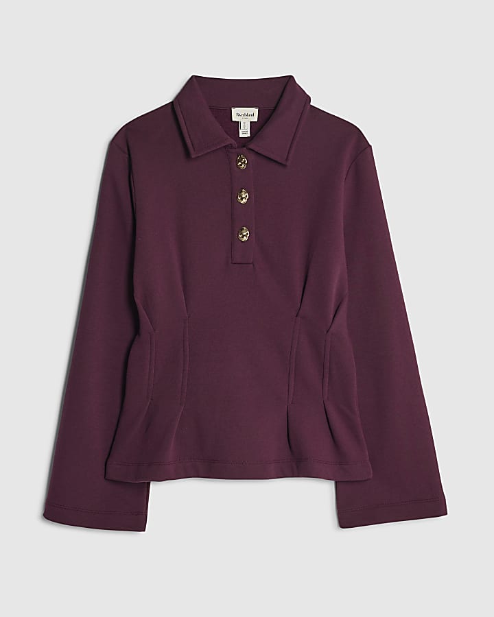 Red Cinched Waist Button Collar Sweatshirt
