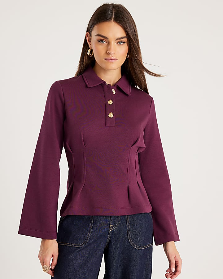 Red Cinched Waist Button Collar Sweatshirt