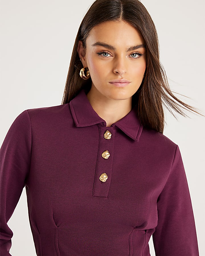 Red Cinched Waist Button Collar Sweatshirt