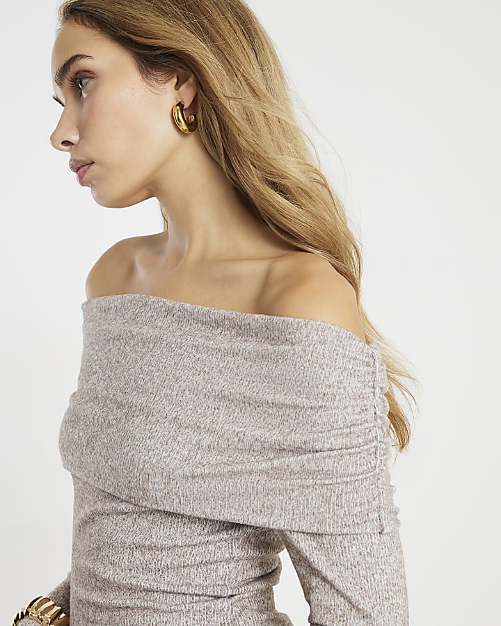 Cream Long Sleeve Cosy Bardot Top