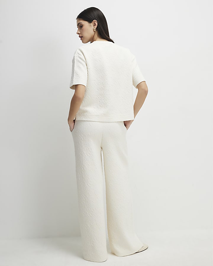 Cream Jacquard Wide Leg Trousers