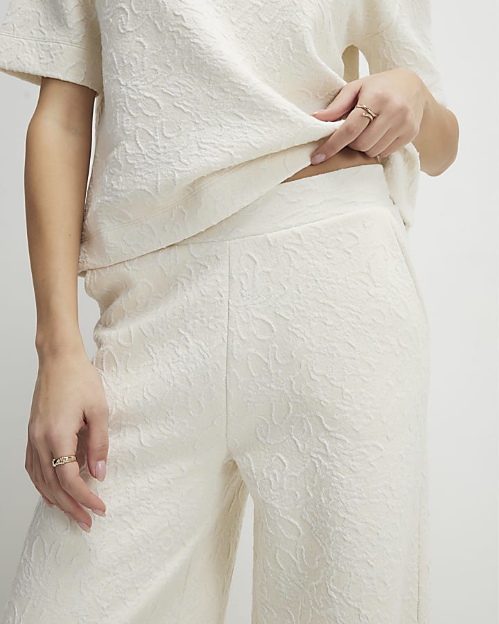 Cream Jacquard Wide Leg Trousers