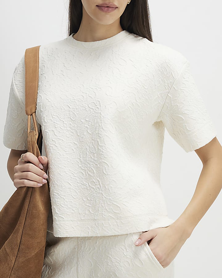 Cream Short Sleeve Jacquard Boxy T-shirt
