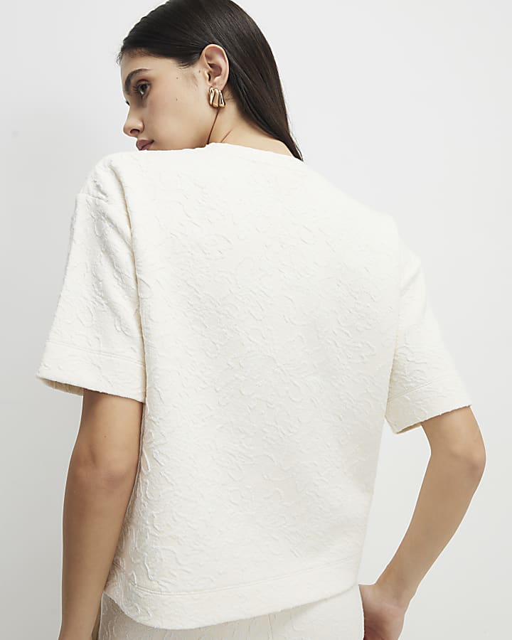 Cream Short Sleeve Jacquard Boxy T-shirt