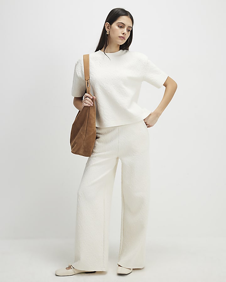 Cream Short Sleeve Jacquard Boxy T-shirt