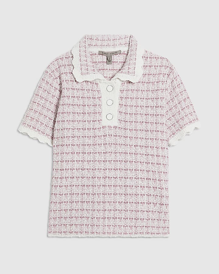 Pink Button Up Boucle Collared Top