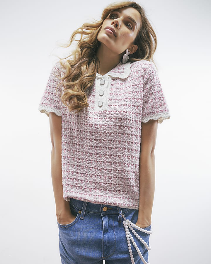 Pink Button Up Boucle Collared Top