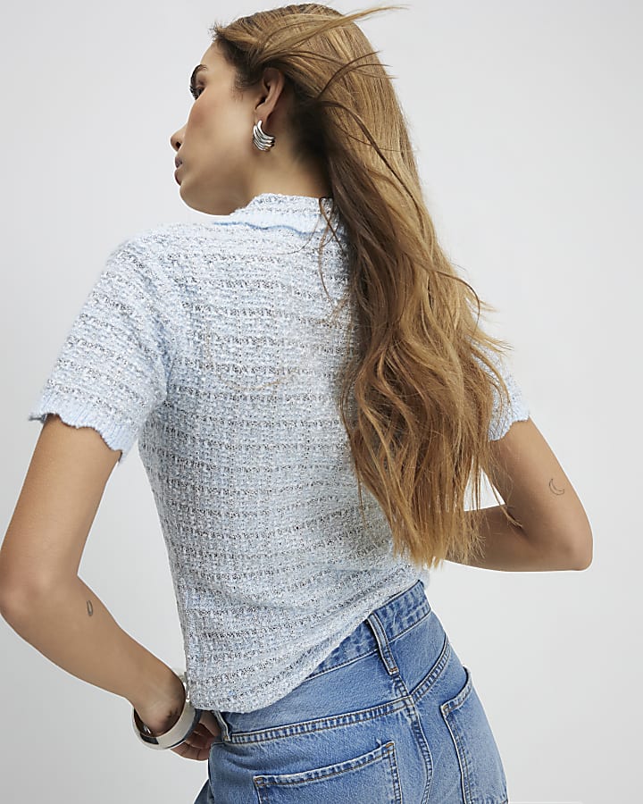 Blue Button Up Boucle Collared Top