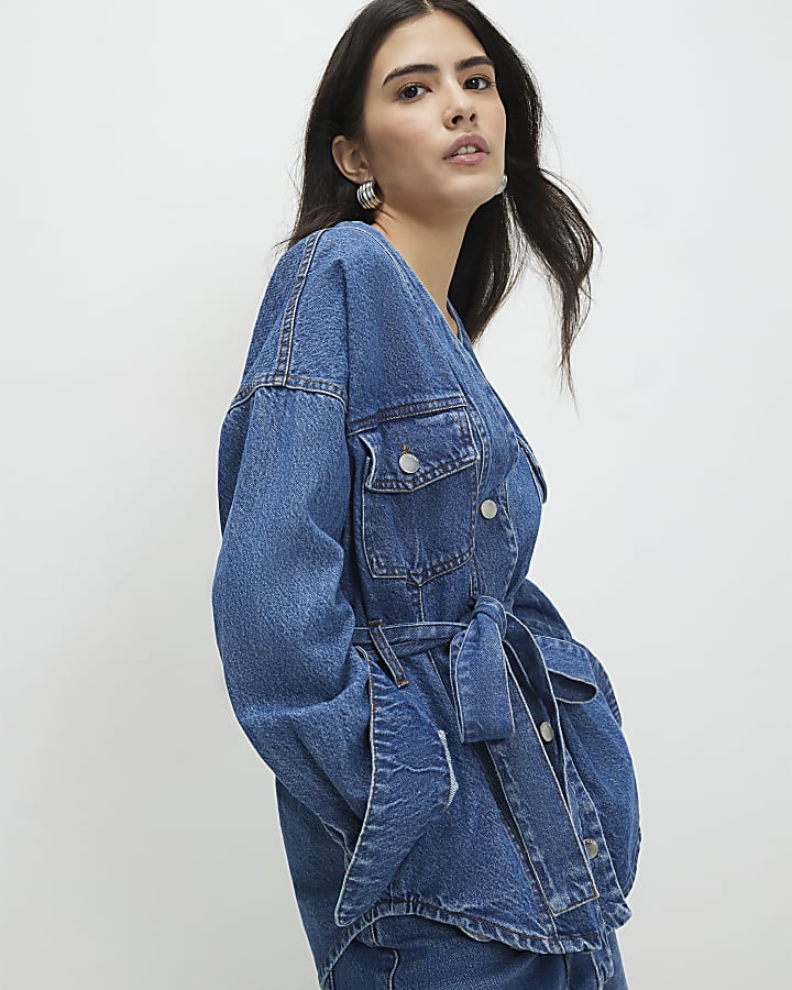 Petite Blue Tie front Denim Jacket