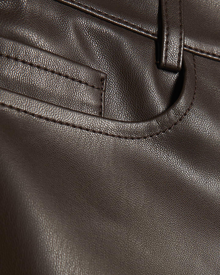Brown Faux Leather Cropped Flared Trousers