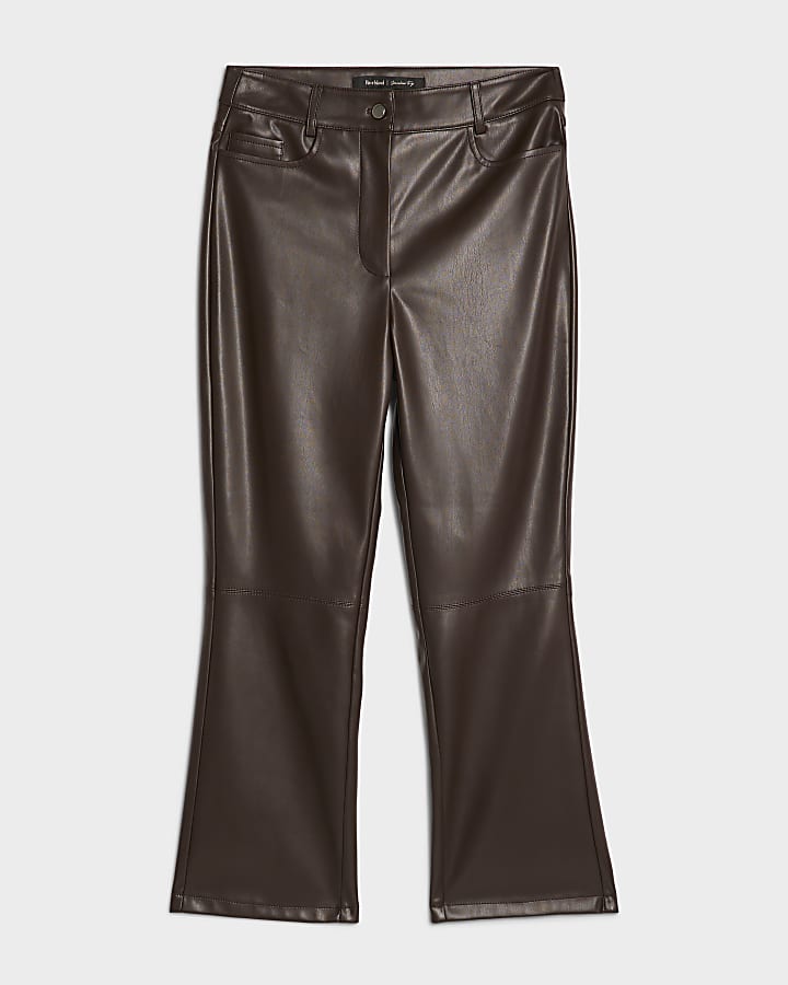 Brown Faux Leather Cropped Flared Trousers