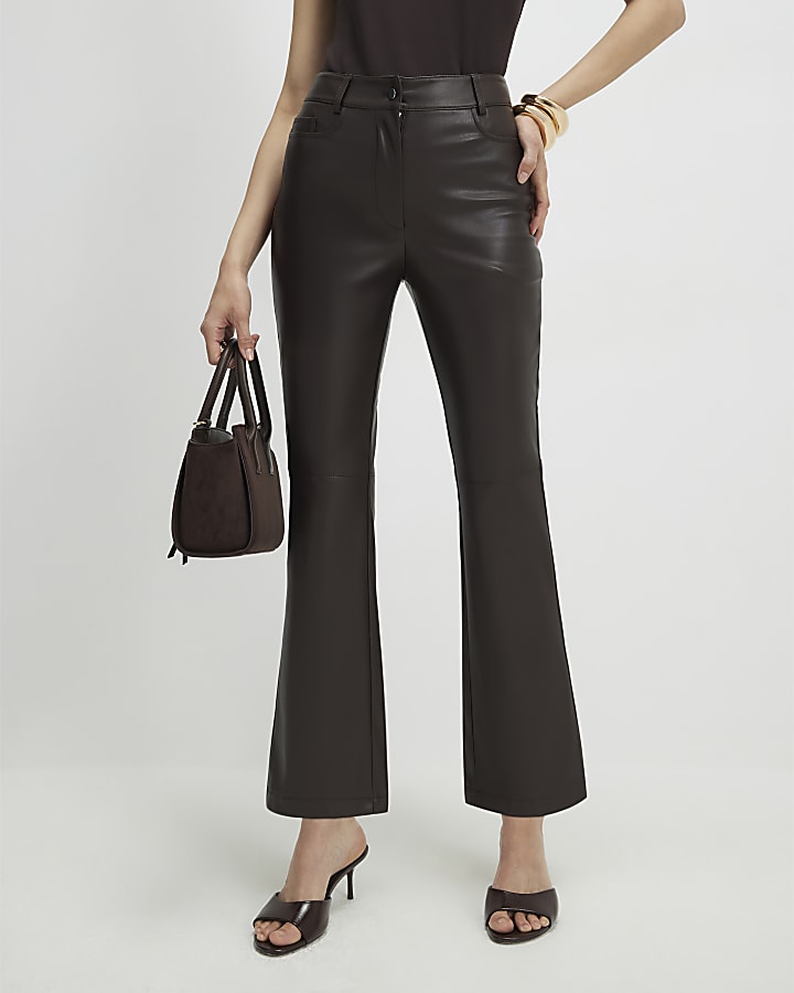 Brown Faux Leather Cropped Flared Trousers