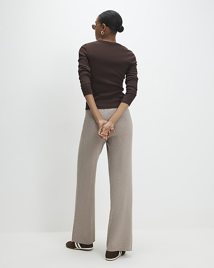 Beige Knitted Wide Leg Ribbed Trousers