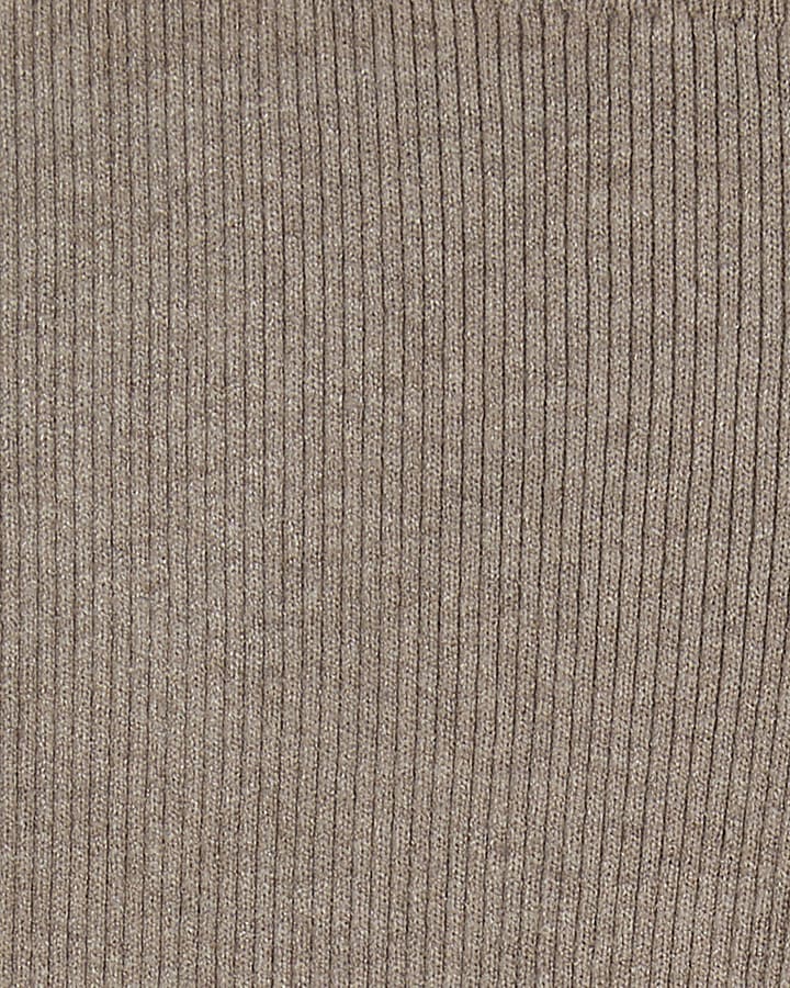 Beige Knitted Wide Leg Ribbed Trousers