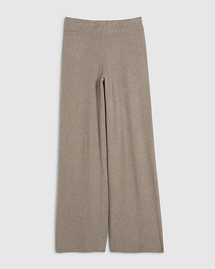 Beige Knitted Wide Leg Ribbed Trousers