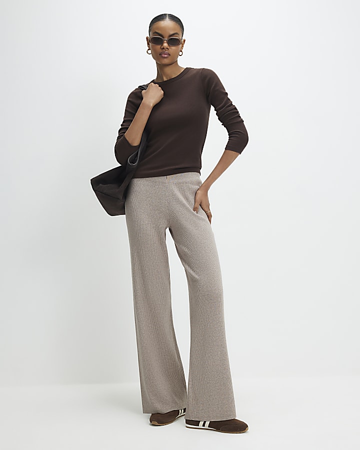 Beige Knitted Wide Leg Ribbed Trousers