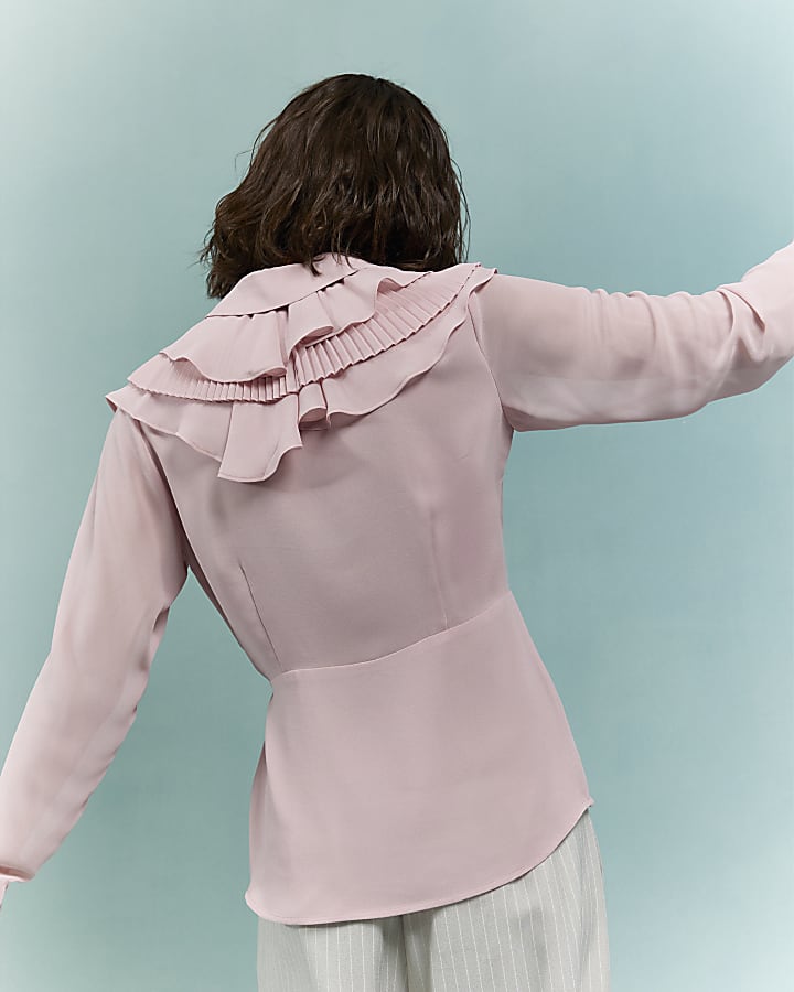 Pink Long Sleeve Wrap Ruffle Blouse