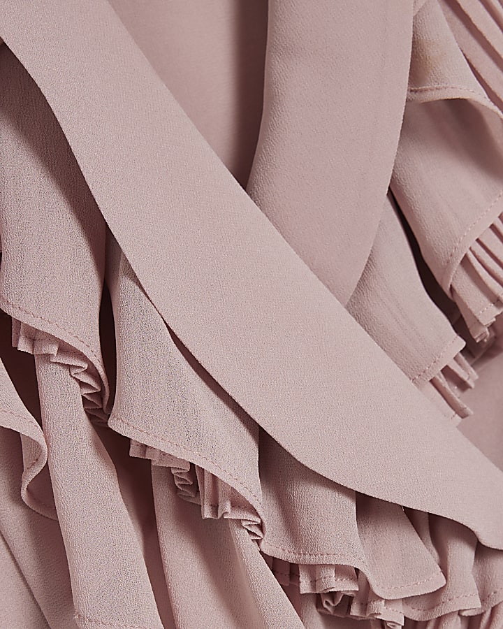 Pink Long Sleeve Wrap Ruffle Blouse