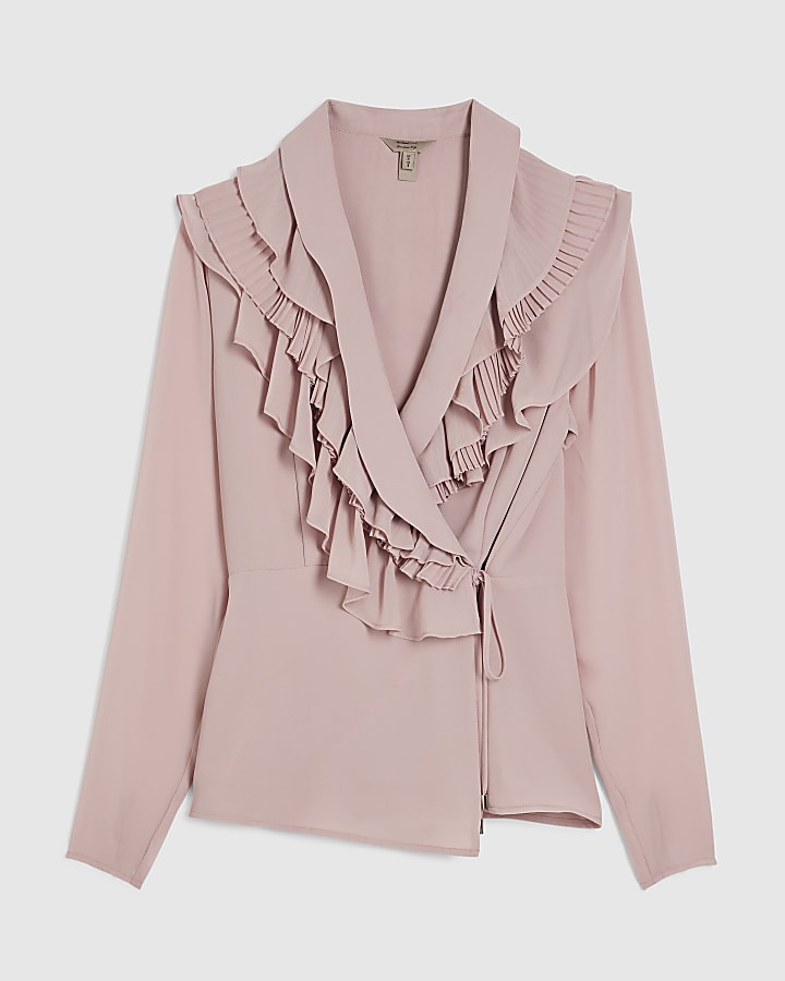 Pink Long Sleeve Wrap Ruffle Blouse