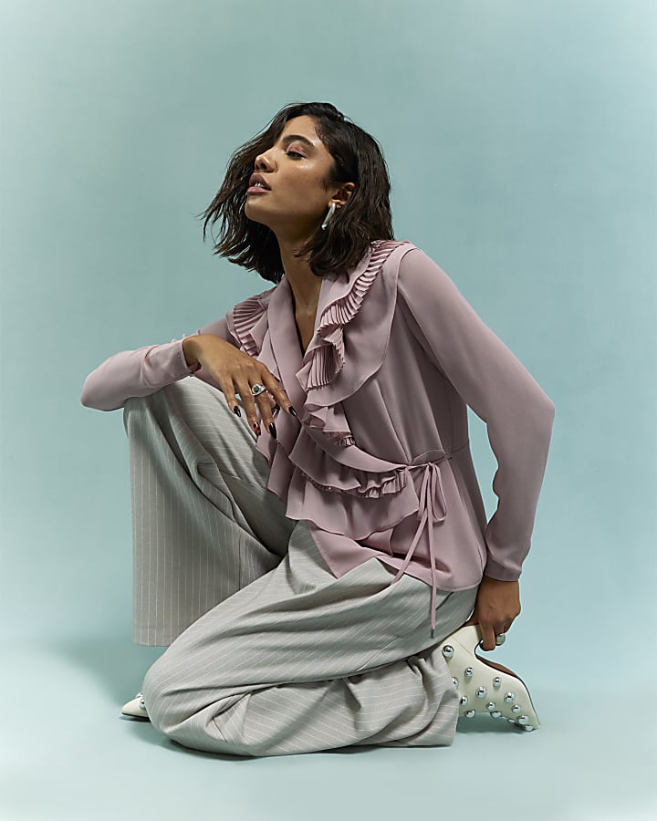 Pink Long Sleeve Wrap Ruffle Blouse