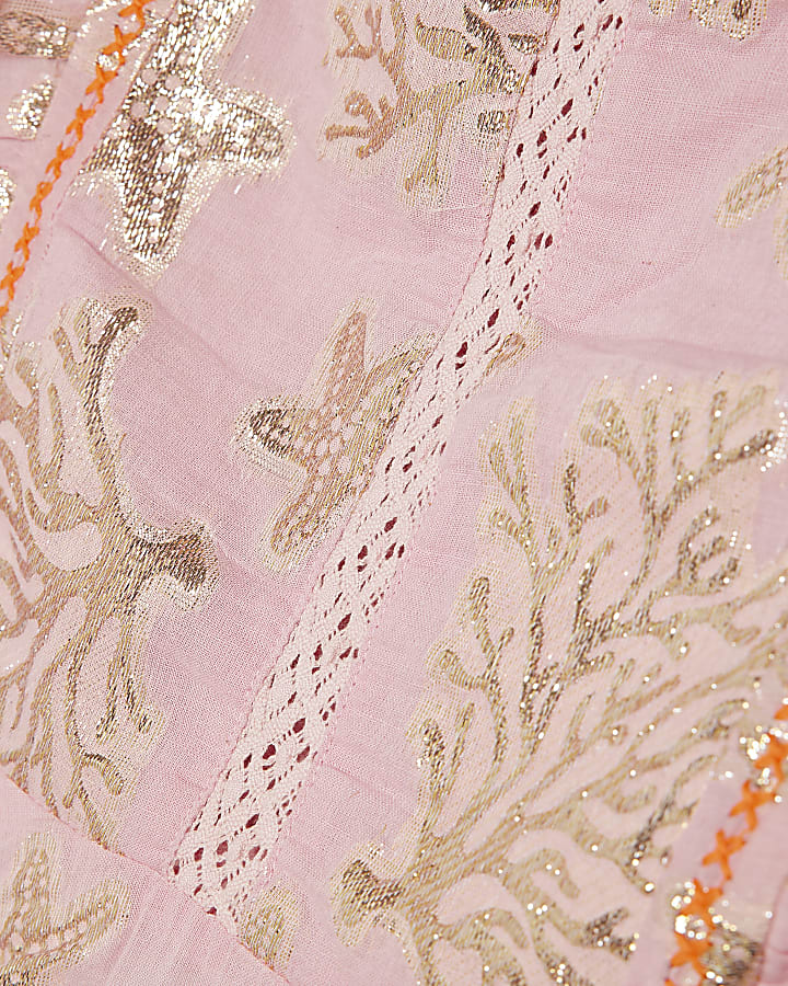 Pink Metallic Coral Print Ruffle Blouse