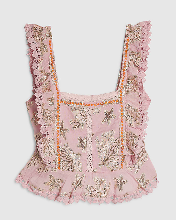 Pink Metallic Coral Print Ruffle Blouse