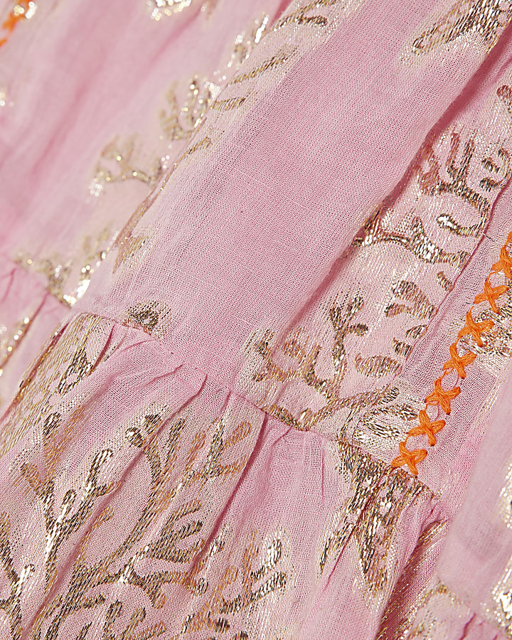 Pink Metallic Coral Print Mini Skirt