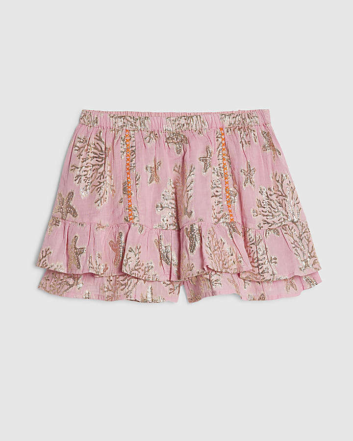 Pink Metallic Coral Print Mini Skirt