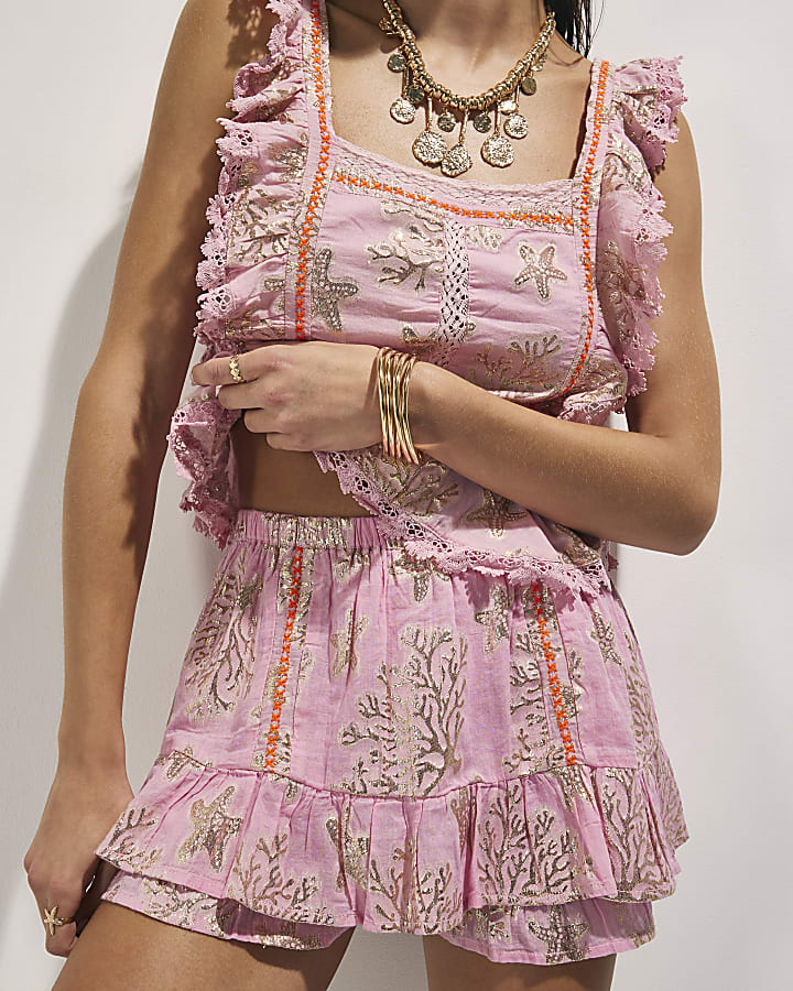 Pink Metallic Coral Print Mini Skirt