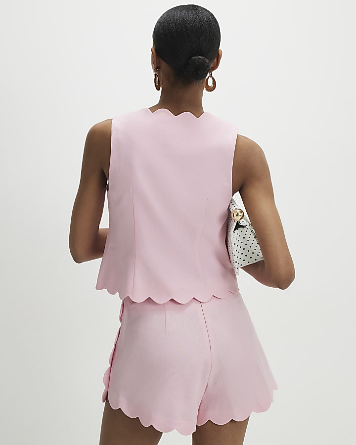 Pink Linen Blend Scallop Trim Shorts