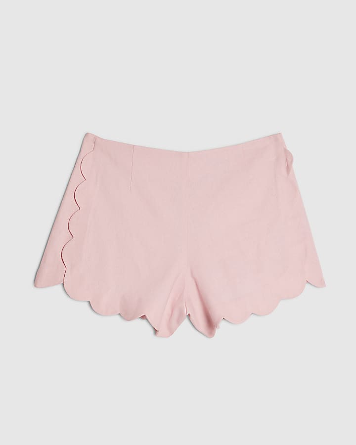 Pink Linen Blend Scallop Trim Shorts