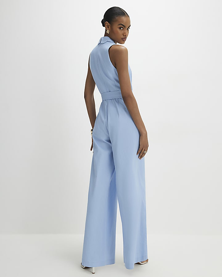Blue Scallop Trim Linen Blend Jumpsuit