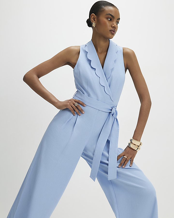 Blue Scallop Trim Linen Blend Jumpsuit